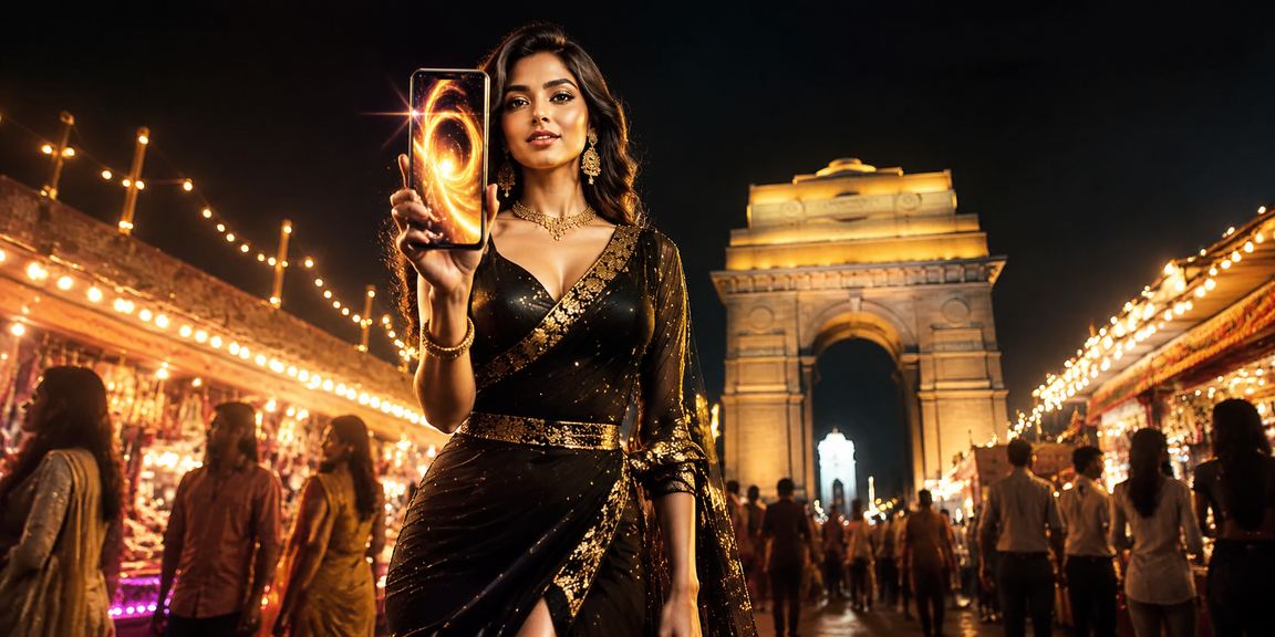 Delhi India Gate lit up with vibrant lottery market scene
